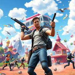 A live-action scene from a Fortnite movie featuring Chris Pratt, dressed as his character, in a vibrant battle royale landscape filled with colorful, whimsical structures and dynamic environments