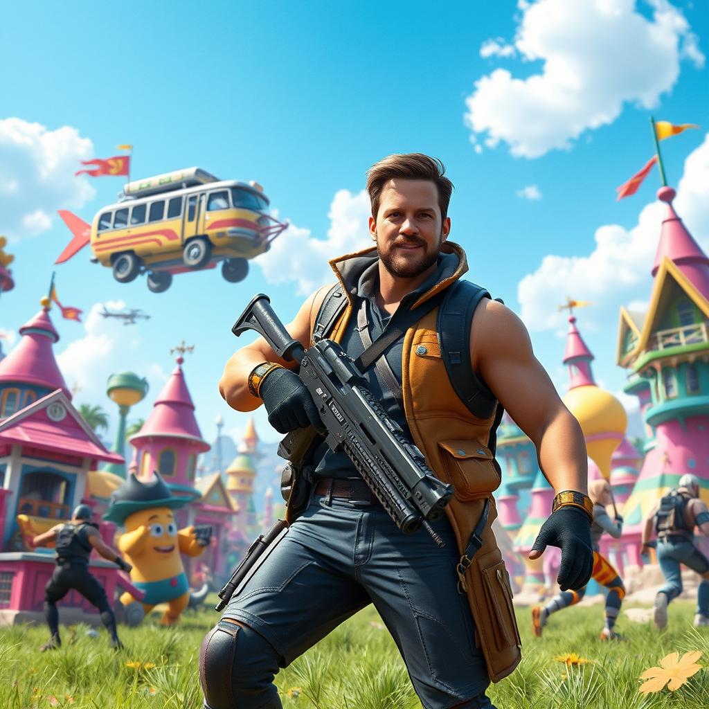 A live-action scene from a Fortnite movie featuring Chris Pratt, dressed as his character, in a vibrant battle royale landscape filled with colorful, whimsical structures and dynamic environments