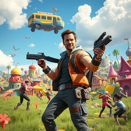 A live-action scene from a Fortnite movie featuring Chris Pratt, dressed as his character, in a vibrant battle royale landscape filled with colorful, whimsical structures and dynamic environments