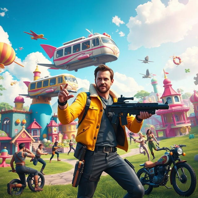 A live-action scene from a Fortnite movie featuring Chris Pratt, dressed as his character, in a vibrant battle royale landscape filled with colorful, whimsical structures and dynamic environments