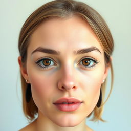 A portrait of a woman with brown, round eyes featuring long but not too thick eyelashes, and a cartilaginous nose that is not protruding