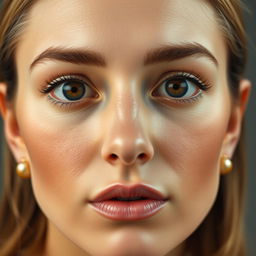 A portrait of a woman with brown, round eyes featuring long but not too thick eyelashes, and a cartilaginous nose that is not protruding