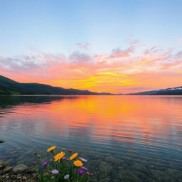 A serene landscape featuring a tranquil lake reflecting the vibrant colors of a sunset, surrounded by lush green hills and a clear sky filled with soft, fluffy clouds
