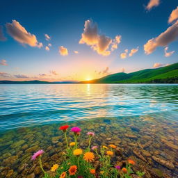 A serene landscape featuring a tranquil lake reflecting the vibrant colors of a sunset, surrounded by lush green hills and a clear sky filled with soft, fluffy clouds