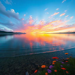 A serene landscape featuring a tranquil lake reflecting the vibrant colors of a sunset, surrounded by lush green hills and a clear sky filled with soft, fluffy clouds