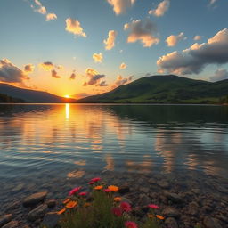 A serene landscape featuring a tranquil lake reflecting the vibrant colors of a sunset, surrounded by lush green hills and a clear sky filled with soft, fluffy clouds