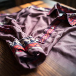 A close-up of a stylish shirt on a wooden table, emphasizing the vibrant colors and textures of the fabric