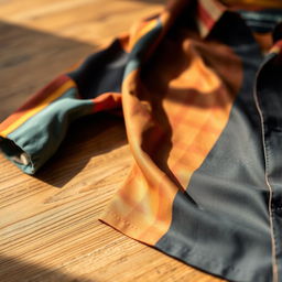 A close-up of a stylish shirt on a wooden table, emphasizing the vibrant colors and textures of the fabric