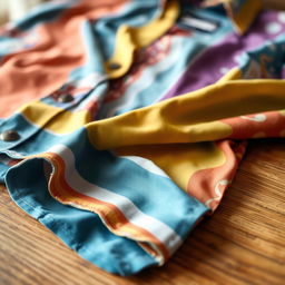 A close-up of a stylish shirt on a wooden table, emphasizing the vibrant colors and textures of the fabric