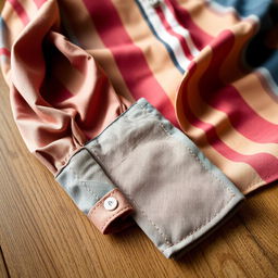 A close-up of a stylish shirt on a wooden table, emphasizing the vibrant colors and textures of the fabric