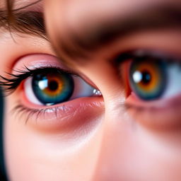 A close-up of a pair of striking human eyes with vibrant colors, showcasing intricate details in the iris, reflecting light beautifully