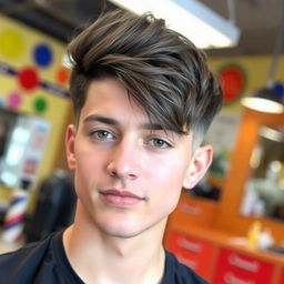 A person with a stylish Babri haircut, showcasing the unique characteristics of the hairstyle: short on the sides and longer on top, with textured layers and a slight wave