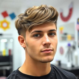 A person with a stylish Babri haircut, showcasing the unique characteristics of the hairstyle: short on the sides and longer on top, with textured layers and a slight wave