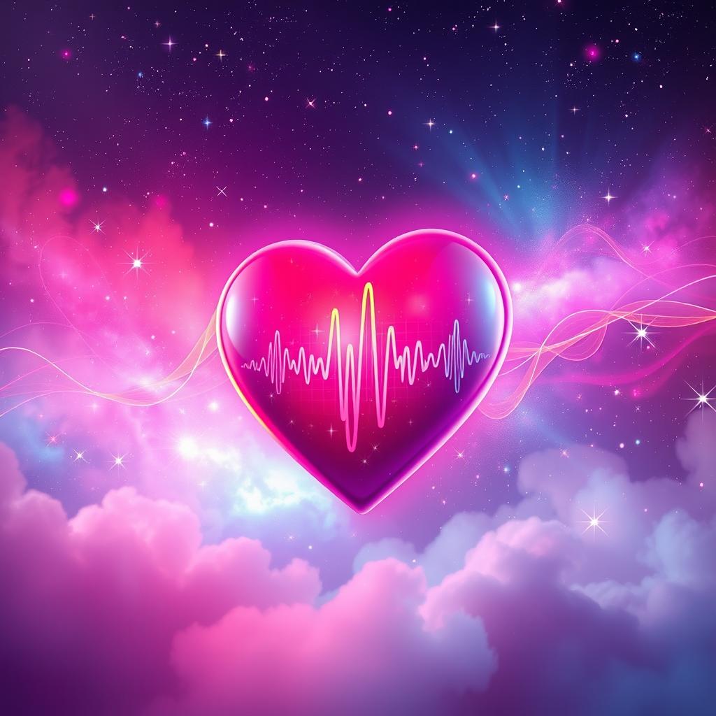 An artistic depiction of a heart-shaped object, resembling sound waves emanating from it, created in a vibrant color palette of pinks, reds, and purples