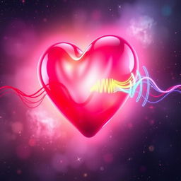 An artistic depiction of a heart-shaped object, resembling sound waves emanating from it, created in a vibrant color palette of pinks, reds, and purples