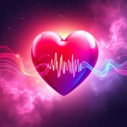 An artistic depiction of a heart-shaped object, resembling sound waves emanating from it, created in a vibrant color palette of pinks, reds, and purples