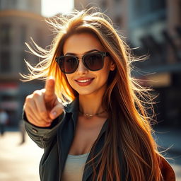 A portrait of a confident woman pointing left, showcasing her stylish outfit with a modern urban backdrop