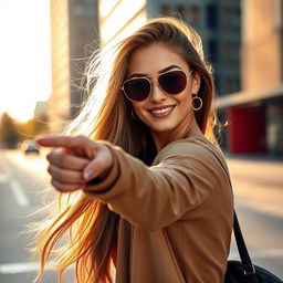 A portrait of a confident woman pointing left, showcasing her stylish outfit with a modern urban backdrop