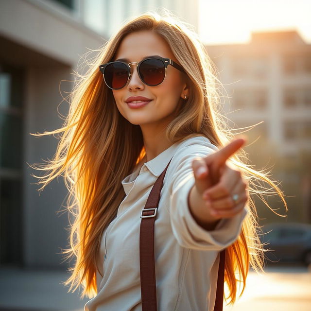 A portrait of a confident woman pointing left, showcasing her stylish outfit with a modern urban backdrop