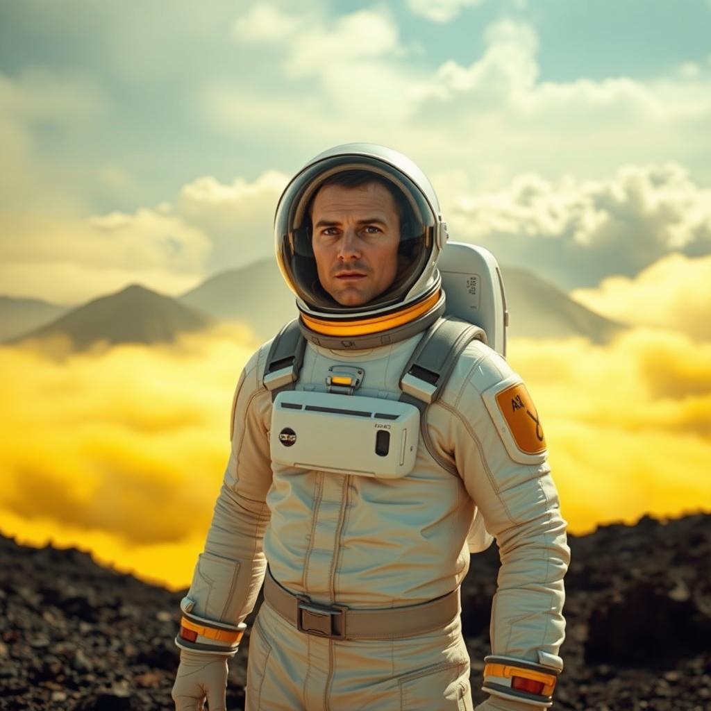 A human explorer standing on the surface of planet Venus, which is depicted with thick, swirling clouds of yellow and orange sulfuric acid, a hot and toxic atmosphere