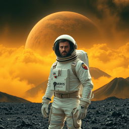 A human explorer standing on the surface of planet Venus, which is depicted with thick, swirling clouds of yellow and orange sulfuric acid, a hot and toxic atmosphere