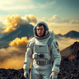 A human explorer standing on the surface of planet Venus, which is depicted with thick, swirling clouds of yellow and orange sulfuric acid, a hot and toxic atmosphere