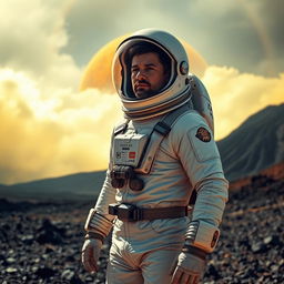 A human explorer standing on the surface of planet Venus, which is depicted with thick, swirling clouds of yellow and orange sulfuric acid, a hot and toxic atmosphere