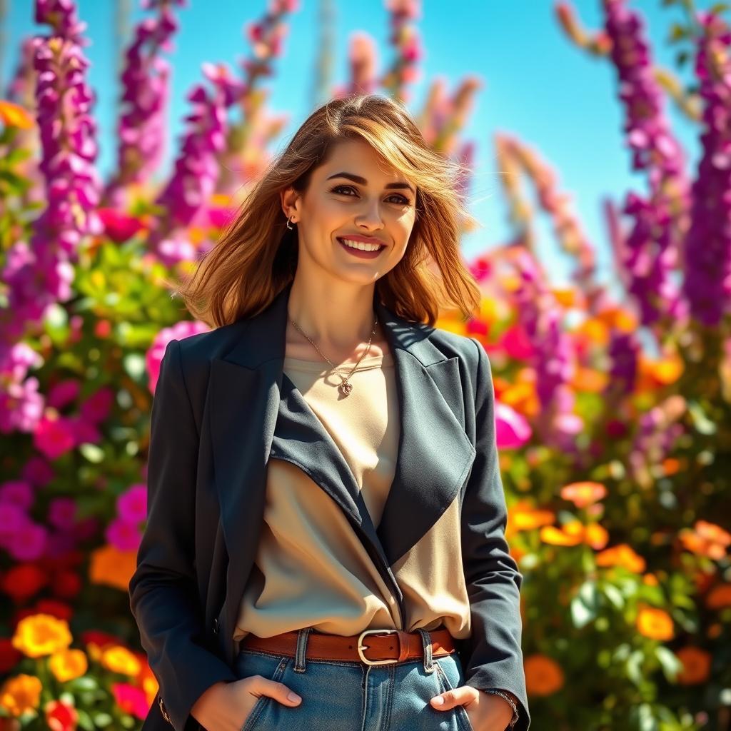 A stylish person dressed in fashionable attire, standing confidently against a stunning, vibrant background filled with colorful flowers and lush greenery