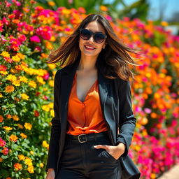 A stylish person dressed in fashionable attire, standing confidently against a stunning, vibrant background filled with colorful flowers and lush greenery