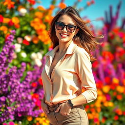 A stylish person dressed in fashionable attire, standing confidently against a stunning, vibrant background filled with colorful flowers and lush greenery