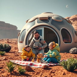 A scene depicting a man living on Mars with his family, showcasing a futuristic Martian habitat
