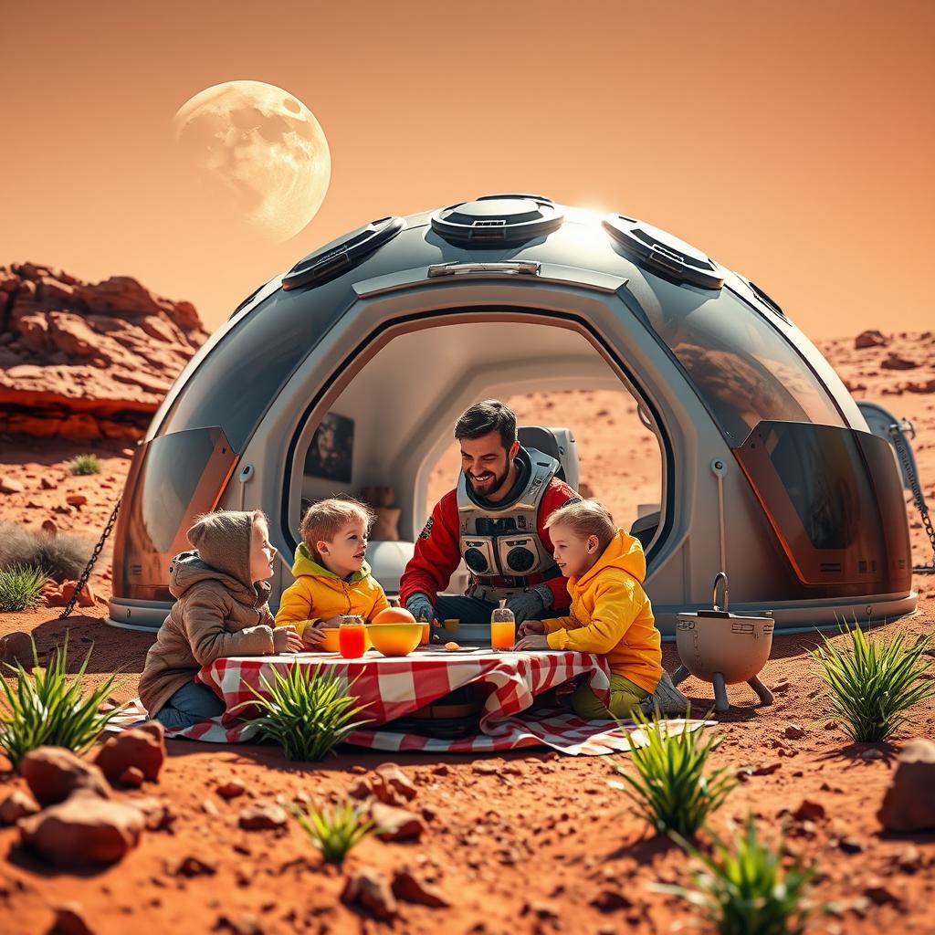 A scene depicting a man living on Mars with his family, showcasing a futuristic Martian habitat