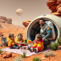 A scene depicting a man living on Mars with his family, showcasing a futuristic Martian habitat