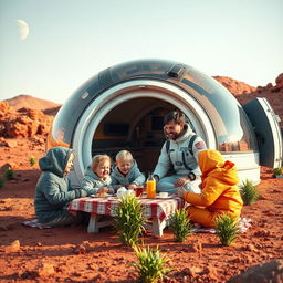 A scene depicting a man living on Mars with his family, showcasing a futuristic Martian habitat