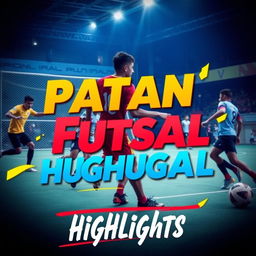 A dynamic and exciting YouTube thumbnail design for a futsal highlights video featuring a vibrant and energetic atmosphere