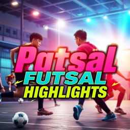 A dynamic and exciting YouTube thumbnail design for a futsal highlights video featuring a vibrant and energetic atmosphere