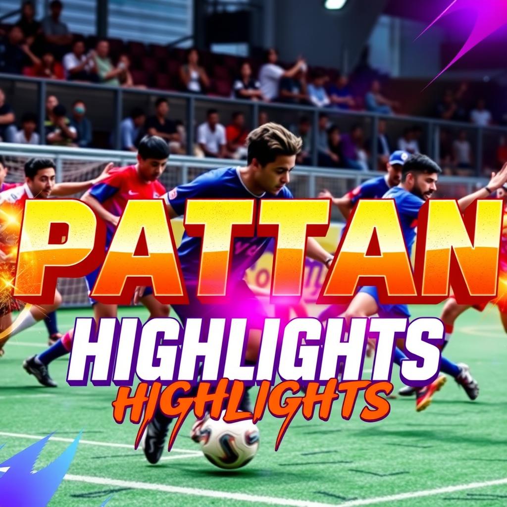 A dynamic and exciting YouTube thumbnail design for a futsal highlights video featuring a vibrant and energetic atmosphere