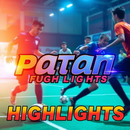 A dynamic and exciting YouTube thumbnail design for a futsal highlights video featuring a vibrant and energetic atmosphere