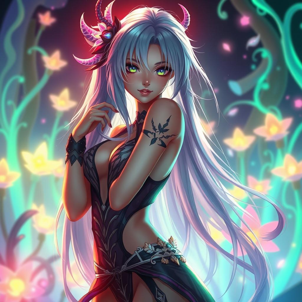 An imaginative depiction of a beautiful futanari character, featuring vibrant colors and intricate details in the design