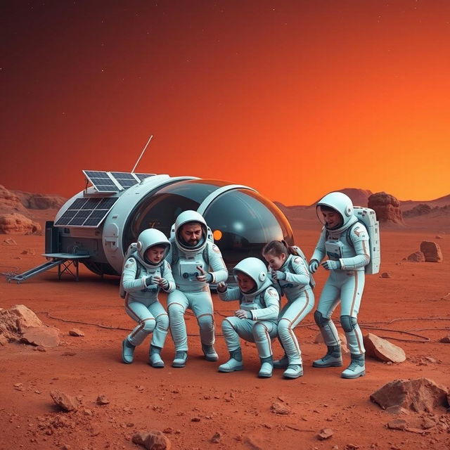 A man and his family living on Mars, surrounded by a futuristic Martian landscape with red soil and rocky formations