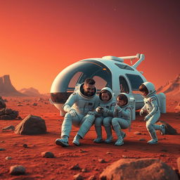 A man and his family living on Mars, surrounded by a futuristic Martian landscape with red soil and rocky formations