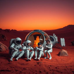 A man and his family living on Mars, surrounded by a futuristic Martian landscape with red soil and rocky formations