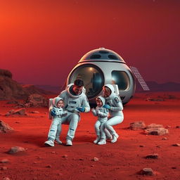A man and his family living on Mars, surrounded by a futuristic Martian landscape with red soil and rocky formations