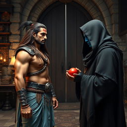 A high-resolution wide shot of an Indian warrior, muscular with curves, featuring long brown flowing hair, clear sharp facial features, and piercing eyes