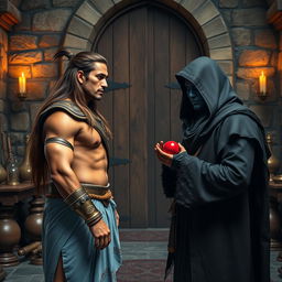 A high-resolution wide shot of an Indian warrior, muscular with curves, featuring long brown flowing hair, clear sharp facial features, and piercing eyes