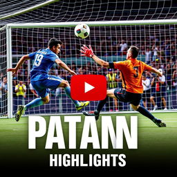 A vibrant and dynamic YouTube thumbnail for a futsal highlights video, featuring a soccer striker mid-action, fiercely shooting the ball towards the goal