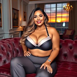 A curvy woman with big breasts, wearing a stylish and supportive bra, sitting confidently on a plush velvet couch