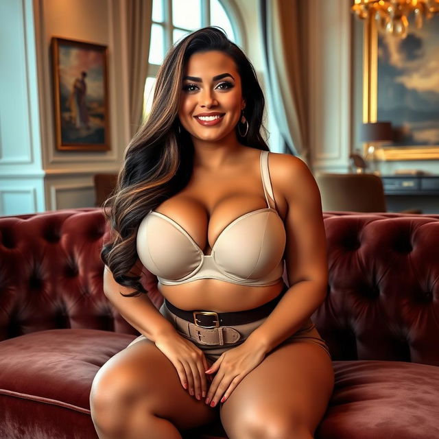 A curvy woman with big breasts, wearing a stylish and supportive bra, sitting confidently on a plush velvet couch