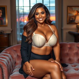 A curvy woman with big breasts, wearing a stylish and supportive bra, sitting confidently on a plush velvet couch