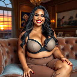A curvy woman with big breasts, wearing a stylish and supportive bra, sitting confidently on a plush velvet couch